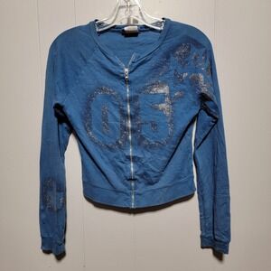 Y2K‎ Vintage Delias Blue Glitter Graphic Full Zip Cropped Hoodie Sweatshirt